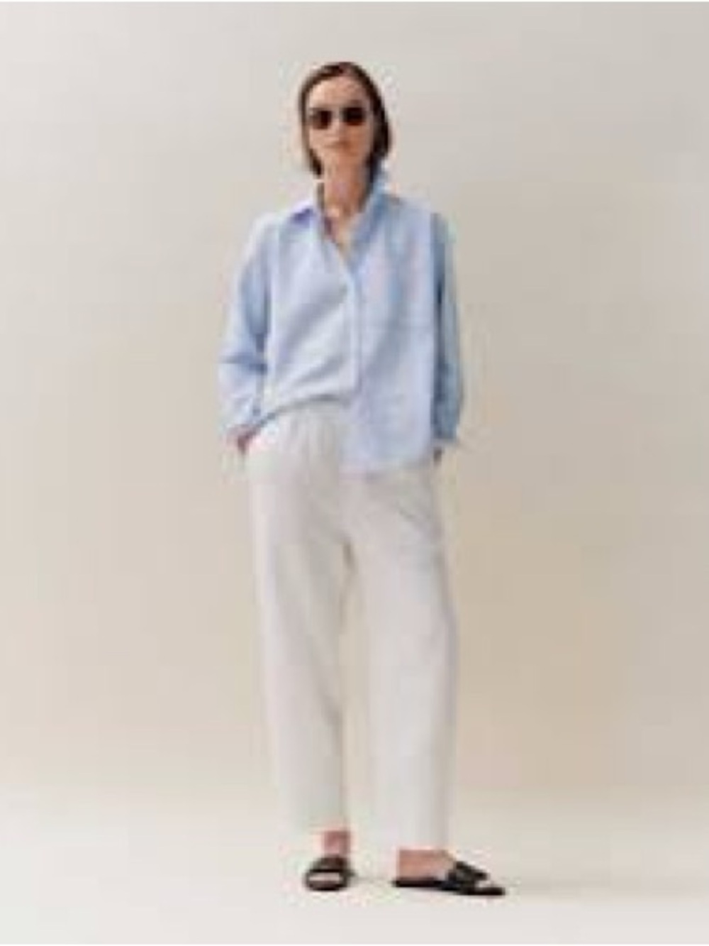 Quince Light Blue Cotton Shirt with White Wide-Leg Pants